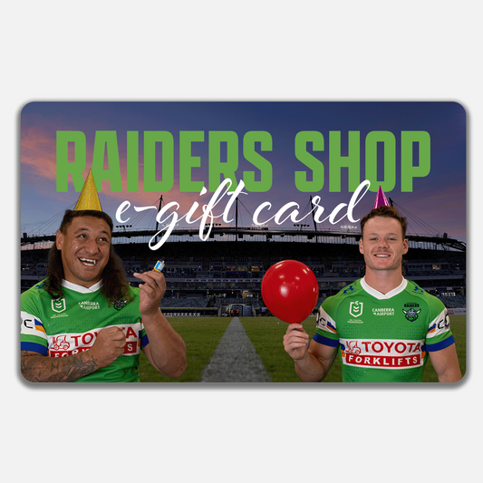 Gift card with Ethan Strange and Josh Papalii in Raiders Green Jerseys, and 'Raiders Shop e-gift card' text on a stadium background